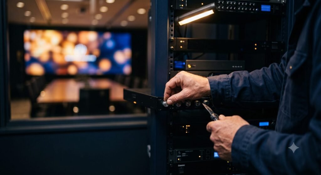 Technik NextAV przy szafie rack z systemem AV