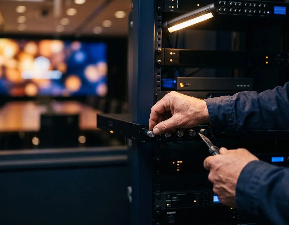 Technik NextAV przy szafie rack z systemem AV